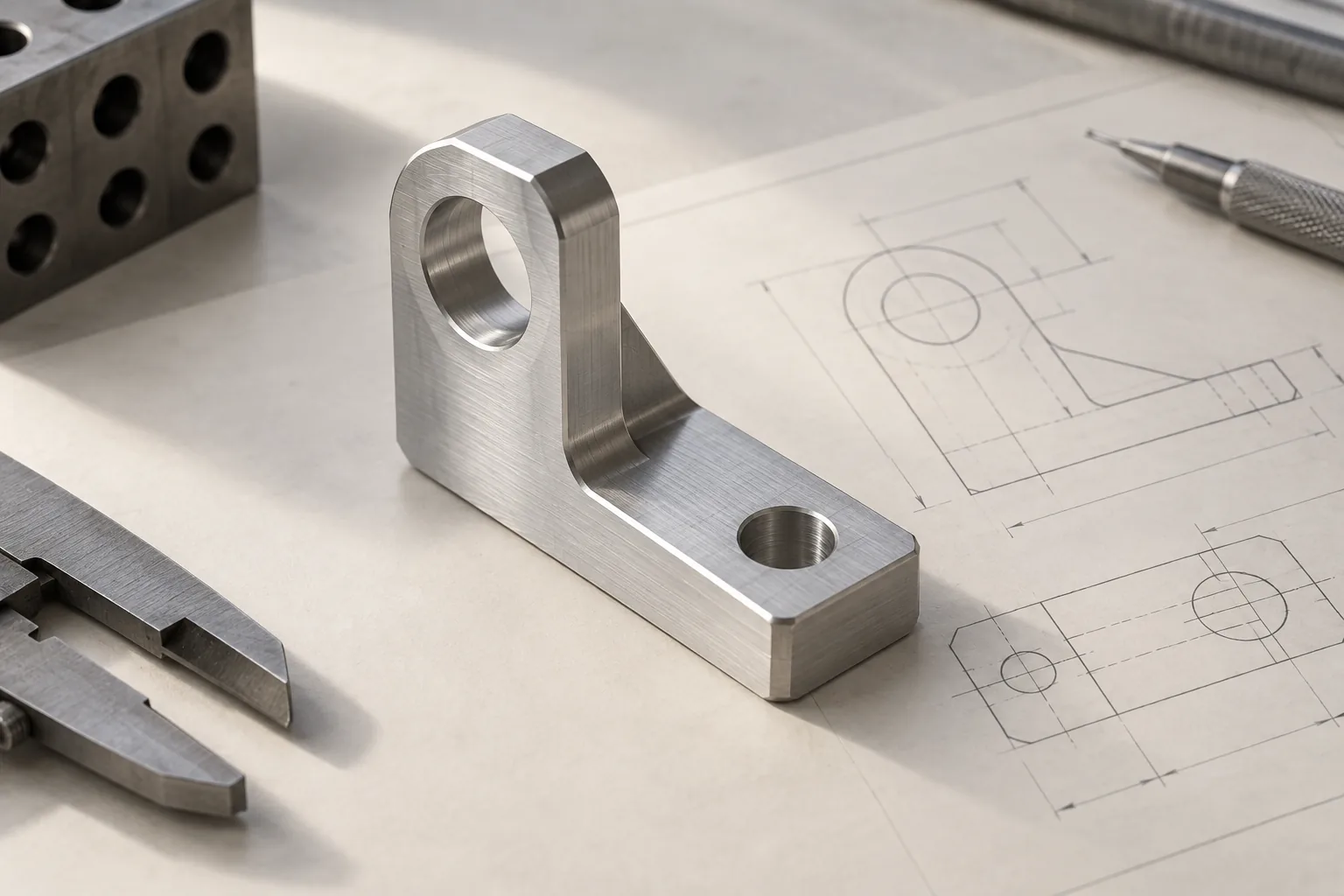 Concepto visual de una pieza de aluminio mecanizado sobre un plano técnico