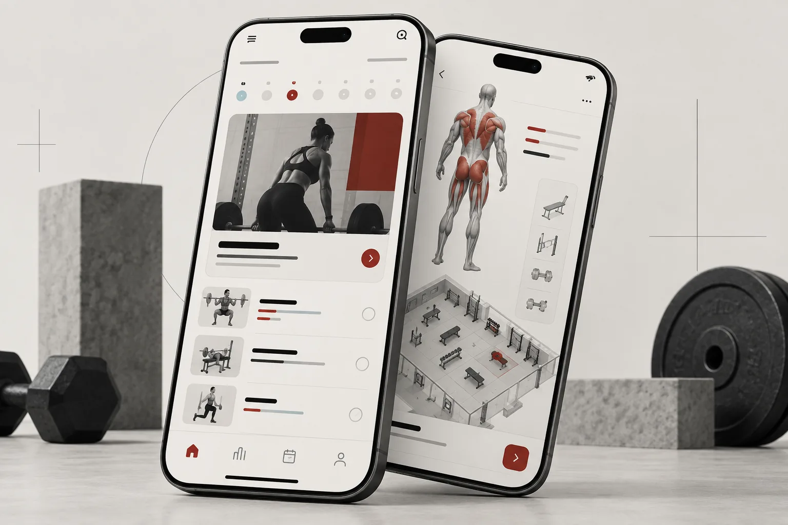 Concepto visual de pantallas de entrenamiento muscular y mapa de máquinas